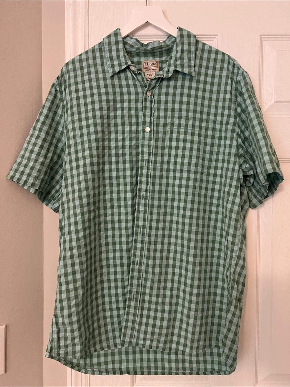 L.L. Bean Green Gingham Short-Sleeve Button-Down Shirt